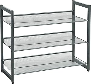 SONGMICS 3-Tier Shoe Rack Storage, Metal Mesh, Flat or Angled Stackable Shoe Shelf Stand for 9 to 12 Pairs of Shoes, Cool Gray ULMR03GB
