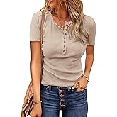 BTFBM Womens Tops 2026 Spring Summer Top Henley V Neck Short Sleeve Button Slim Fit Casual Ribbed Shirts Blouses Outfits