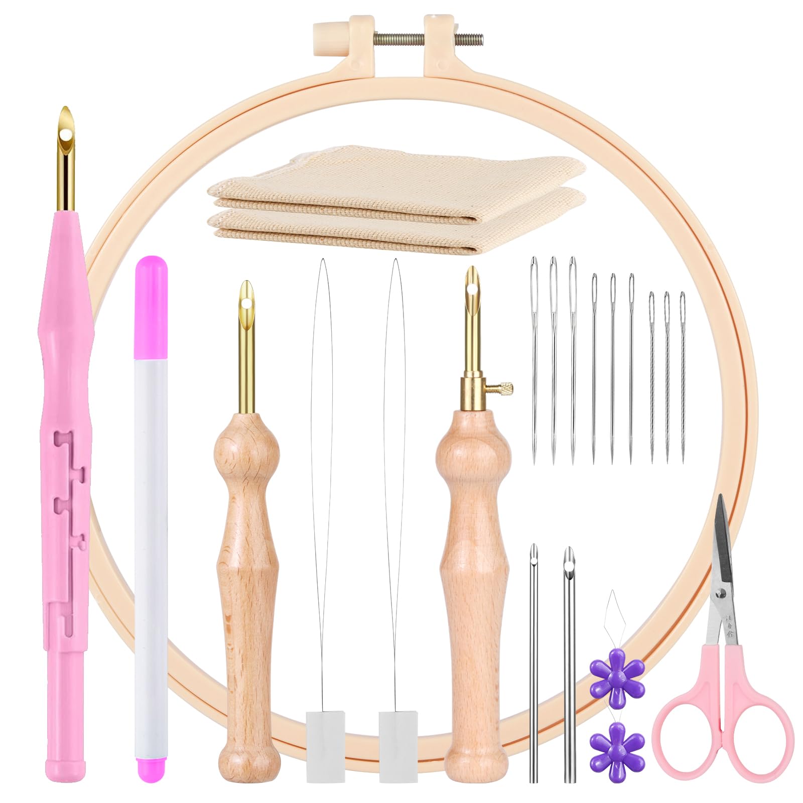 MSDADA 21 Pcs DIY Punch Needle Kit, Embroidery Kit with Adjustable Rug Yarn, Wooden Handle Pens, Threader Tools(Pink) — image 1