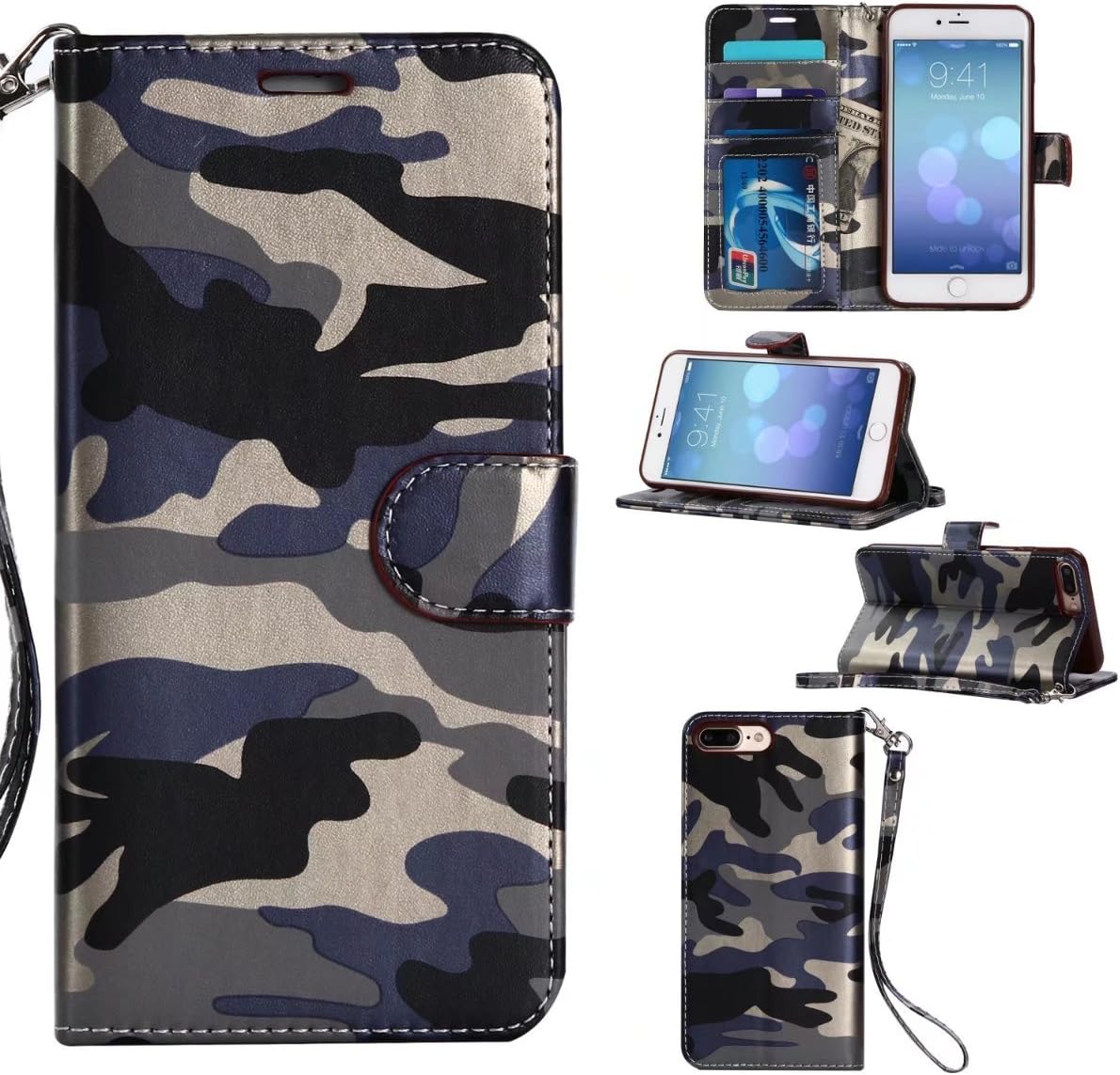 iPhone 7Plus /8Plus 5.5 Case ,MIRAER Army Camo Camouflage Pattern Flip Cover for iPhone 7Plus /8Plus 5.5 inch PU Leather TPU Wallet Cover Phone Bags Cases (Blue)
