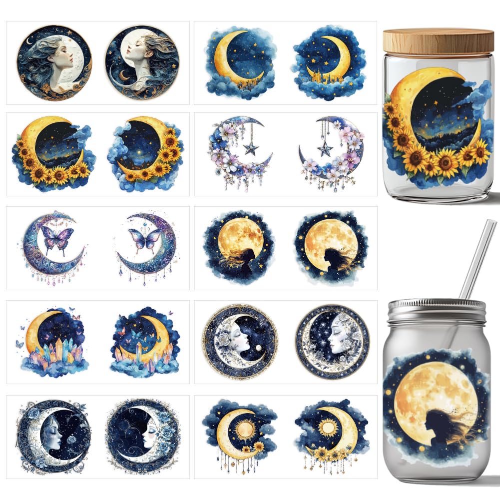 arricraft 10 Pcs Magic Fantasy Moon UV DTF Cup Wrap Transfer Sticker, 10 Styles Mysterious Moon Transfer Paper Rub on Stickers PVC Wrap Waterproof Rub Decals for Cup Glass 24x11cm/9.4x11inch