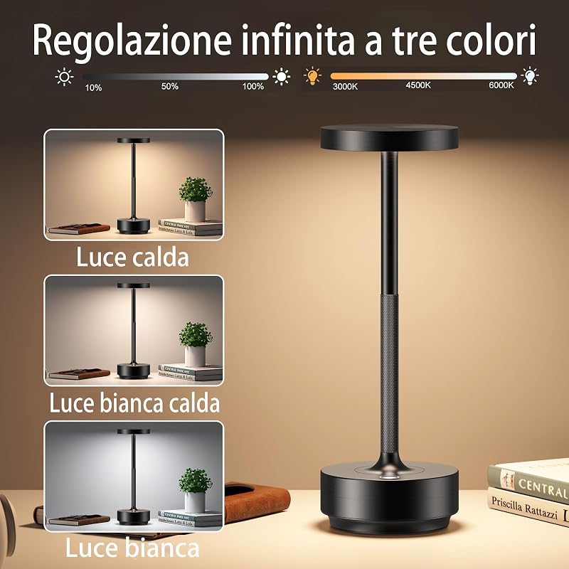 Lampada da tavolo senza fili LED Ricaricabile Dimmerabile 5000mAh 3 Modalità di Luce Uso Interno/Esterno batteria Lunga Durata Trasportabile USB-C Lampada da tavolo (Nero) — foto 2 di 8
