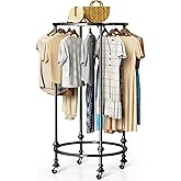 Vrietina Rolling Round Garment Rack, Freestanding Double Space Multi-Purpose Retail Clothing Rack with Wheels and Topper, Heavy Duty Commercial Clothing Organizer for Retail Boutique Bedroom (Black)