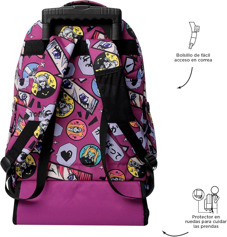 - Mochila Escolar con Ruedas, Modelo Renglones, Capacidad 26,21 Litros, Bolsillo para PC 14", Bolsillo Botella, Correas en S para Mayor Comodidad, Resistente, Estampado Kitsune