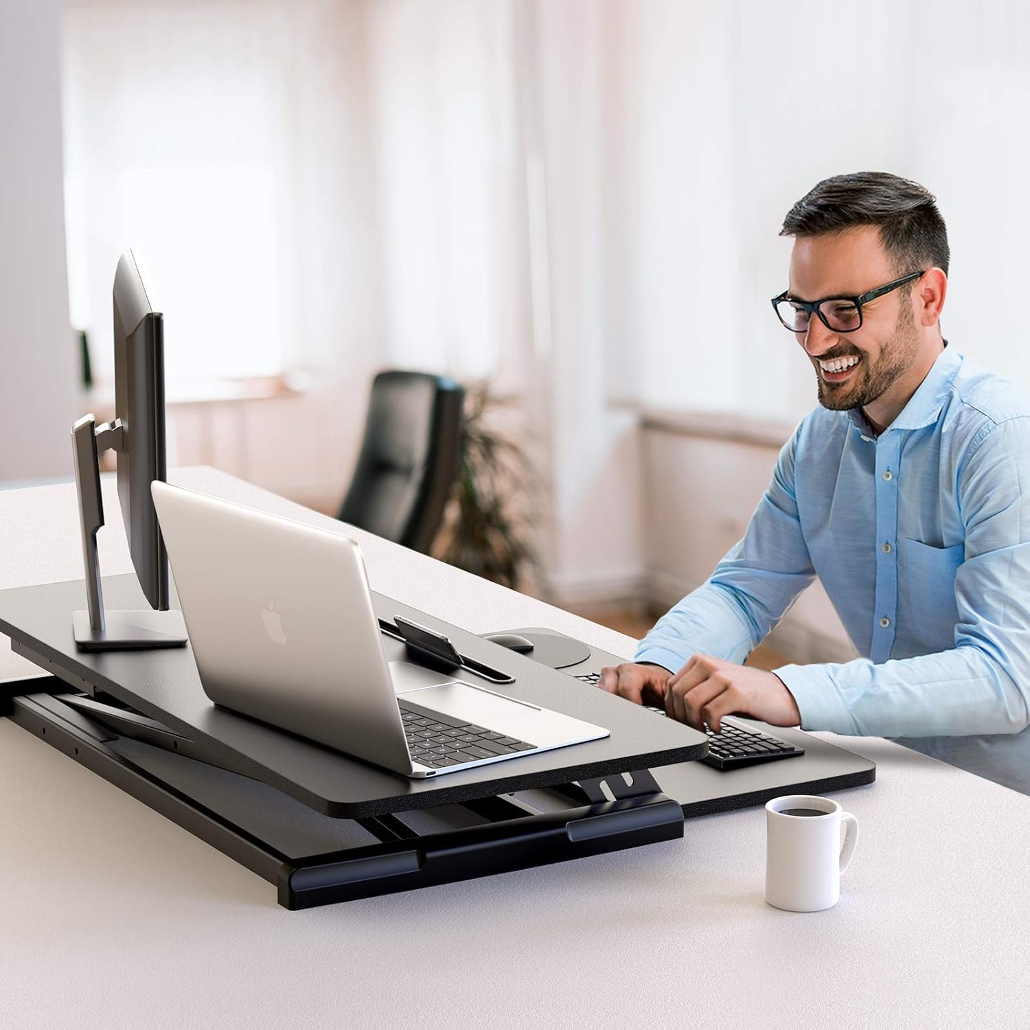 ErGear Standing Up Desk Converter Height Adjustable Sit Stand Desk with Removable Keyboard Tray, 35 Inch Large Desk Riser Ergonomic Gas Spring Dual Monitor Workstation for Home Office : Office Products
