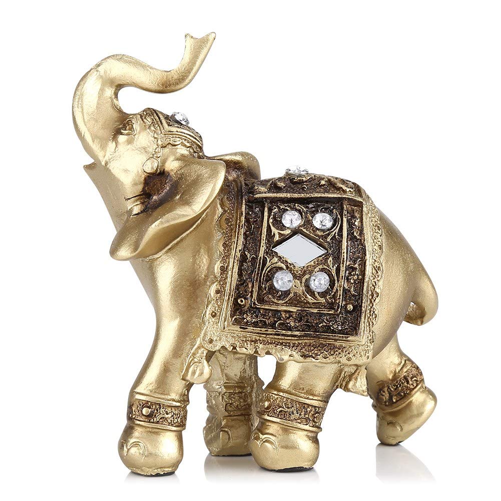 Elephant Figurine Home Decor Animal Statue Ornament Resin Gold Color Home Office (S)