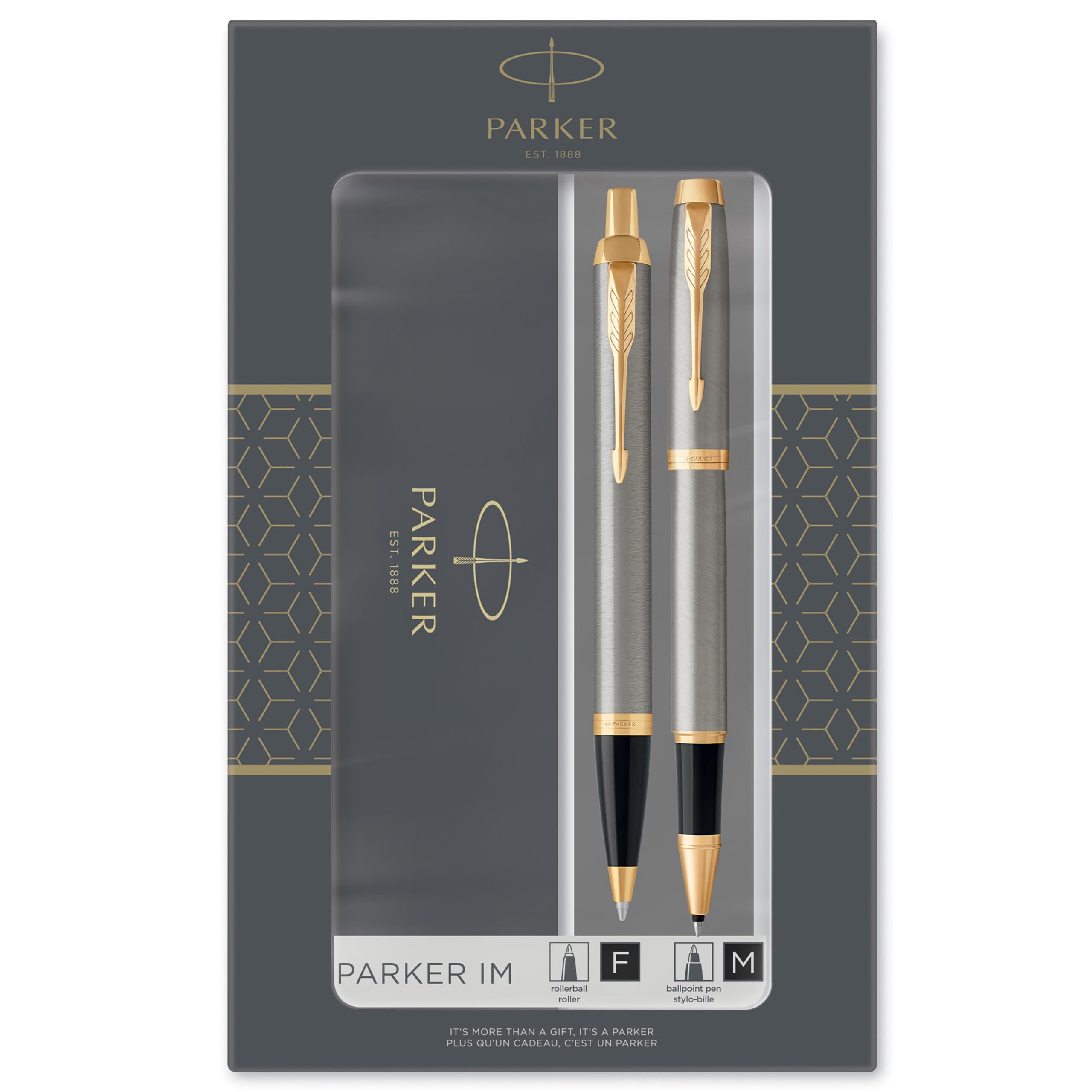 Parker IM Duo Gift Set with Ballpoint Pen & Rollerball Pen, Brushed Metal with Gold Trim, Black Ink Refill & Cartridge, Gift Box,package may vary