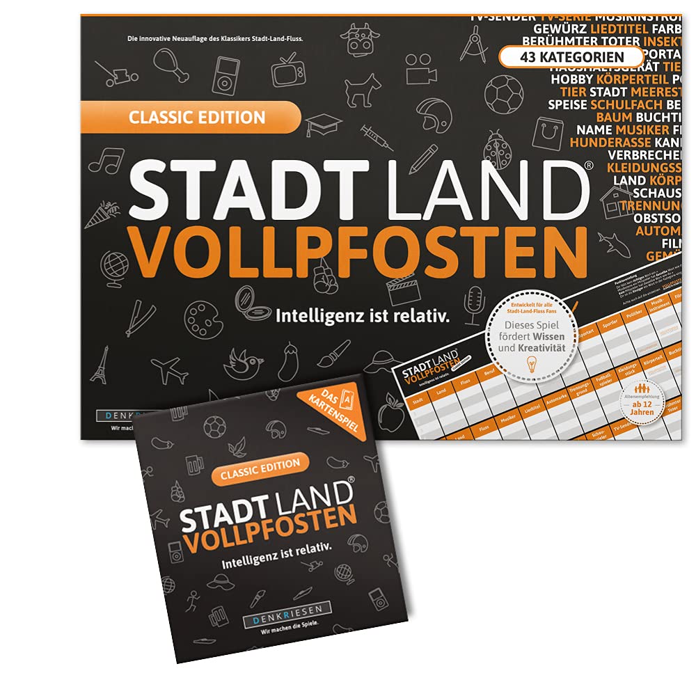 DENKRIESEN Stadt Land Vollpfosten - Classic Duo Game and Block, Card Game, Family Games, Party Games, Secret Santa Gift, Ages 18+