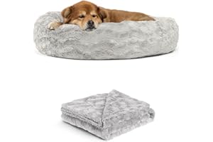 Best Friends by Sheri Bundle Set The Original Calming Lux Donut Cuddler Cat and Dog Bed + Pet Throw Blanket Gray Medium 30"