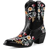 CRYSIGNE Women's Flower Embroidered Ankle Cowgirl Boots Floral Snip Square Toe Western Cowboy Boots Chunky Heel Pull On Short Boots