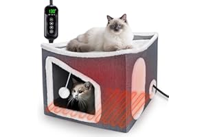 Tovve Heated Cat House for Indoor, Large Cat Bed with Heating Pad, Adjustable Temperature & Timing, with Fluffy Ball Hanging and Scratch Pad, Foldable Pet Hideaway for Small Medium and Large Cats（XL）