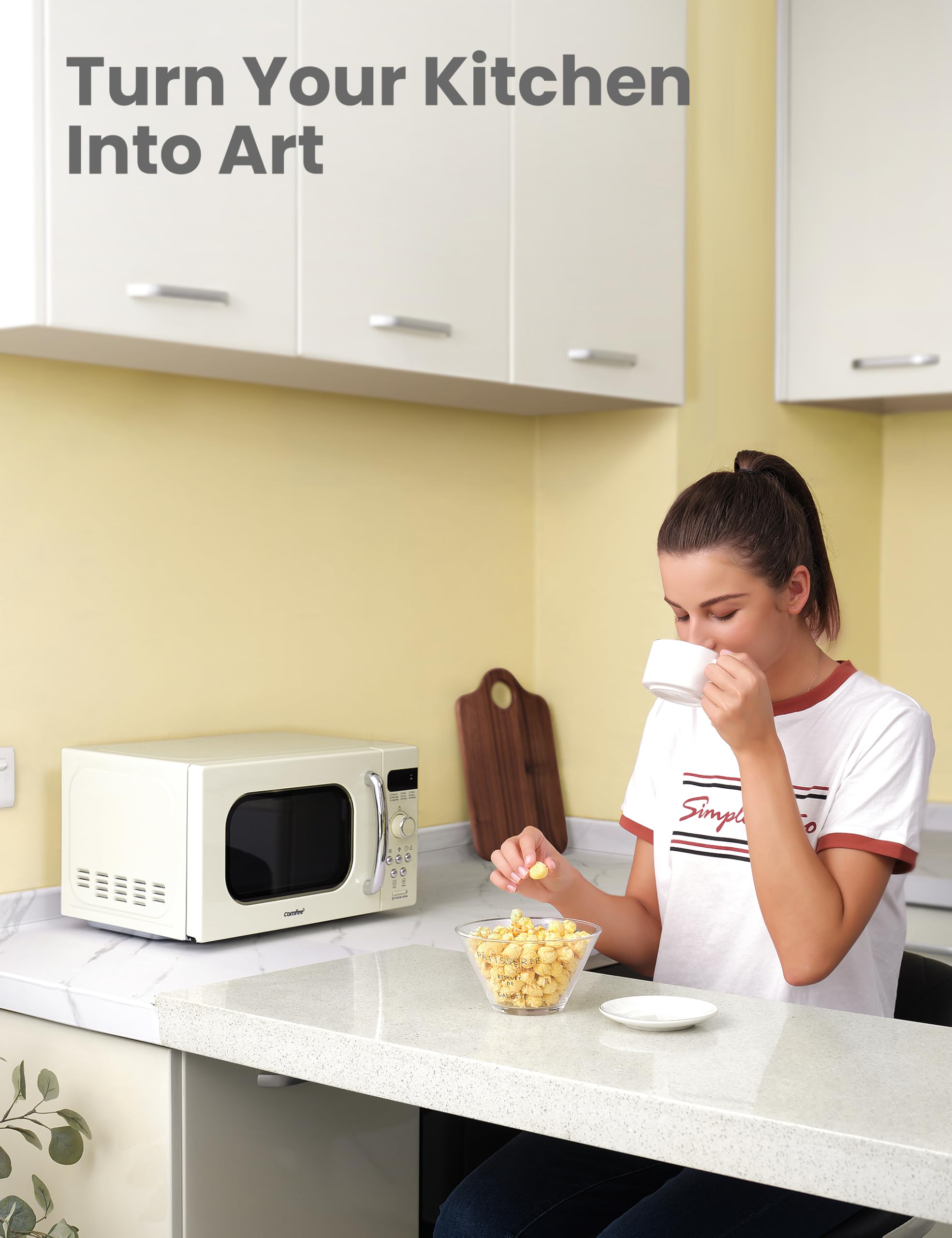 COMFEE' Retro Small Microwave Oven With Compact Size, 9 Preset Menus, Position-Memory Turntable, Mute Function, Countertop Perfect For Spaces, 0.7 Cu Ft/700W, Cream, AM720C2RA-A
