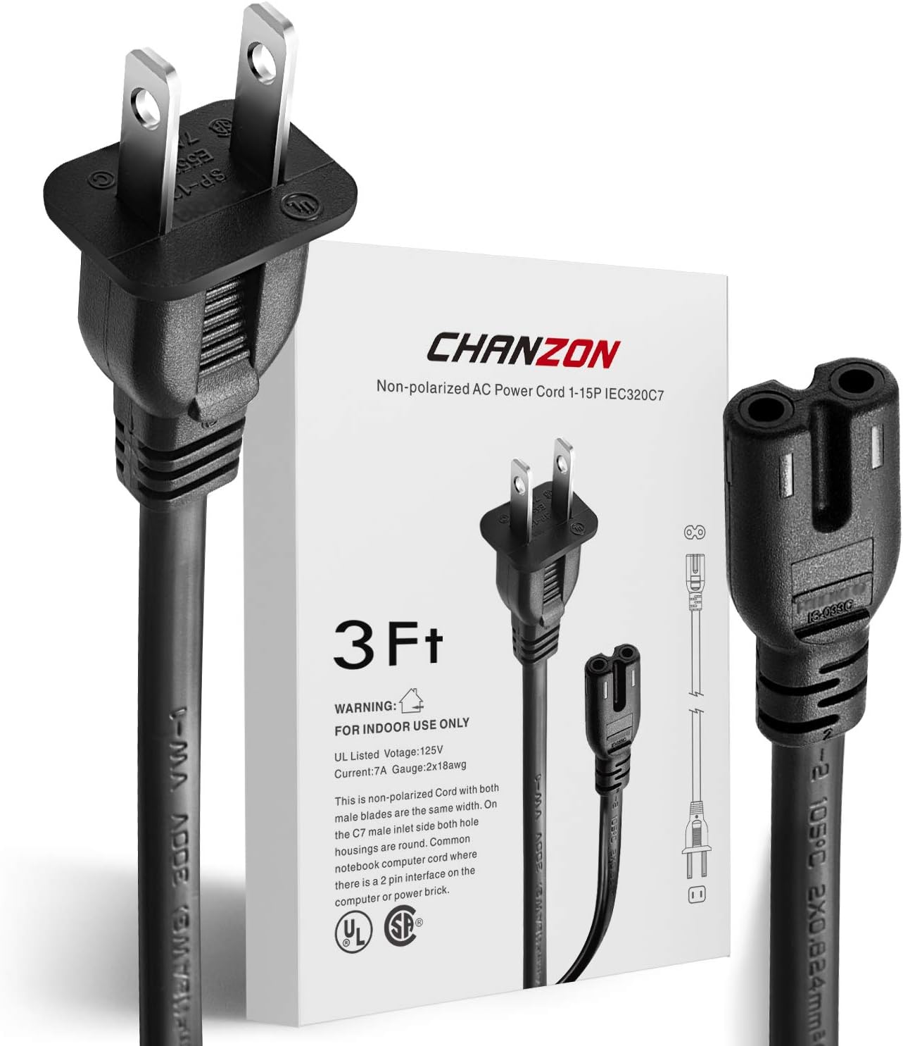 [UL Listed] Chanzon 2 Prong Non Polarized 10 ft AC Power Cord for Samsung TV,Sony PS4,Cannon Pixma HP Dell Epson Printer,PS3 PS2 Xbox One,LG TCL Toshiba Hisense Universal Replacement Cable 7A Plug: Home Audio & Theater
