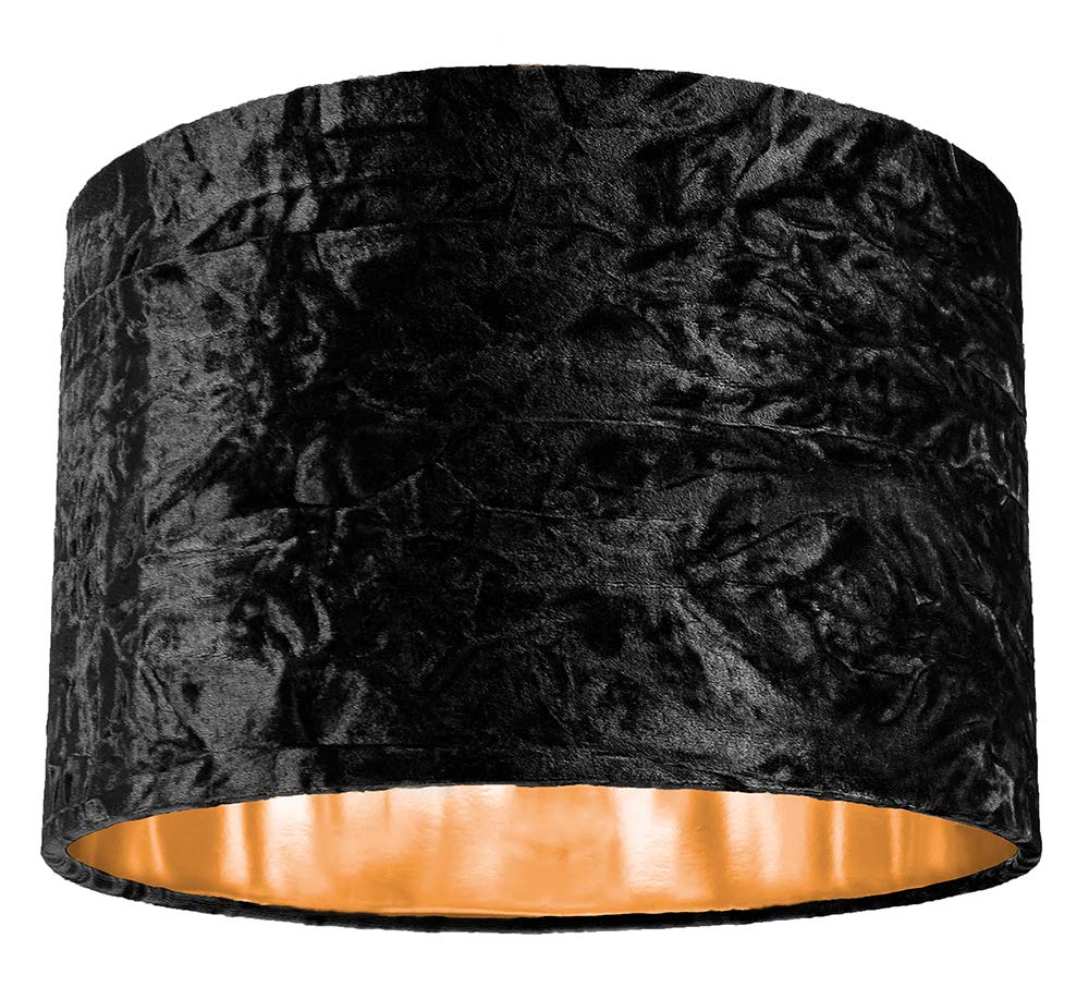 Modern and On-Trend Black Crushed Velvet Fabric 12" Table or Pendant Circular Drum Lampshade with Shiny Copper Inner - 60watt Maximum | Perfect for Residential or Commercial by Happy Homewares