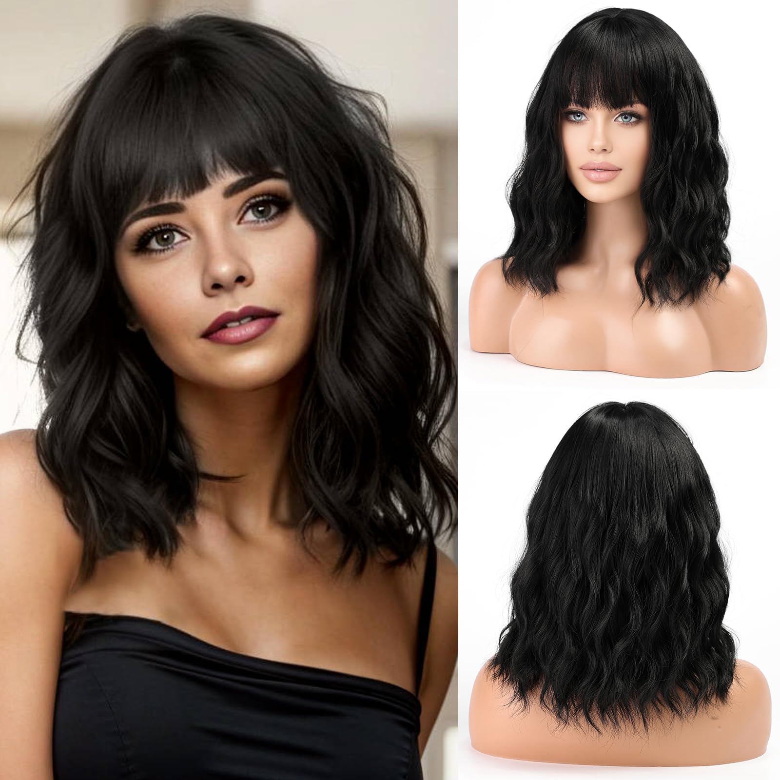 WOKESTAR Bob Wigs With Neat Fringe, Wavy Synthetic Wigs for Women Black Color — image 1