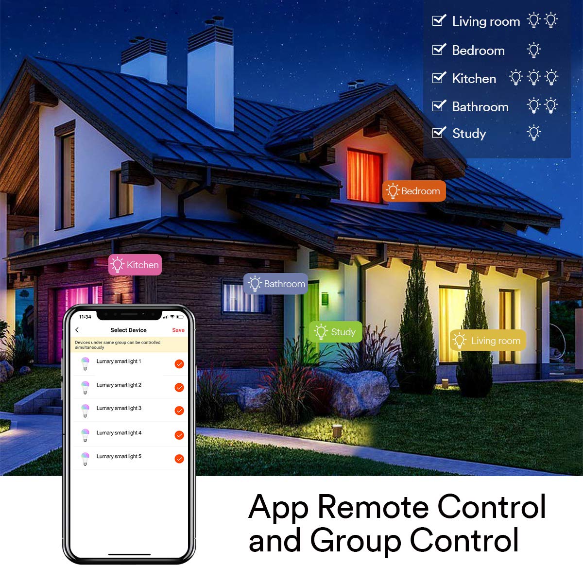 WiFi Smart Bulb Alexa, Lumary E27 9W Smart Light Bulb Compatible with Alexa, Google Home, Colour Dimmable RGBW 2700K-6000K Smart LED Bulbs, 60W Equivalent 806LM Remote Controlled No Hub Required