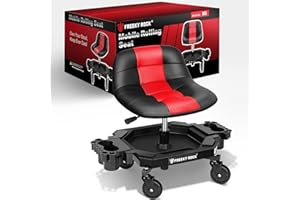 FREEKYROCK Rolling Stool with Wheels, Adjustable Height Pneumatic Garage Work Mechanic Stool Seat with Backrest, 400 LBS Capacity 360° Swivel Mechanic Crepper Chair with Tool Tray Storage, Red