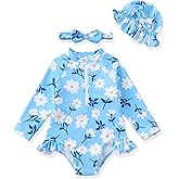 Yhnslsf Baby Girl Swimsuit Summer One-Piece Infant Bathing Suit with Hat Long Sleeve Ruffle Zipper Rash Guard Beach Swimwear