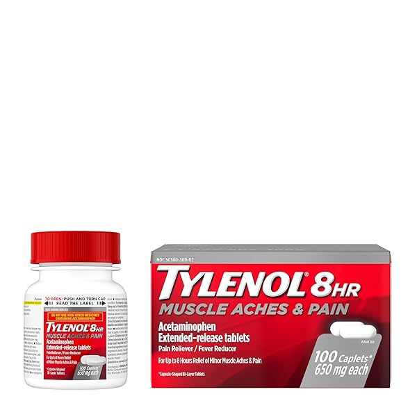 TYLENOL 8 HOUR ACETAMINOPHEN 650 MG EXTENDED RELEASE CAPLETS, FAST ACTING BI-LAYER DESIGN, QUICK & LONG LASTING PAIN RELIEF FOR MUSCLE, JOINT, BACK & ARTHRITIS ACHES, FEVER REDUCER, 100 COUNT