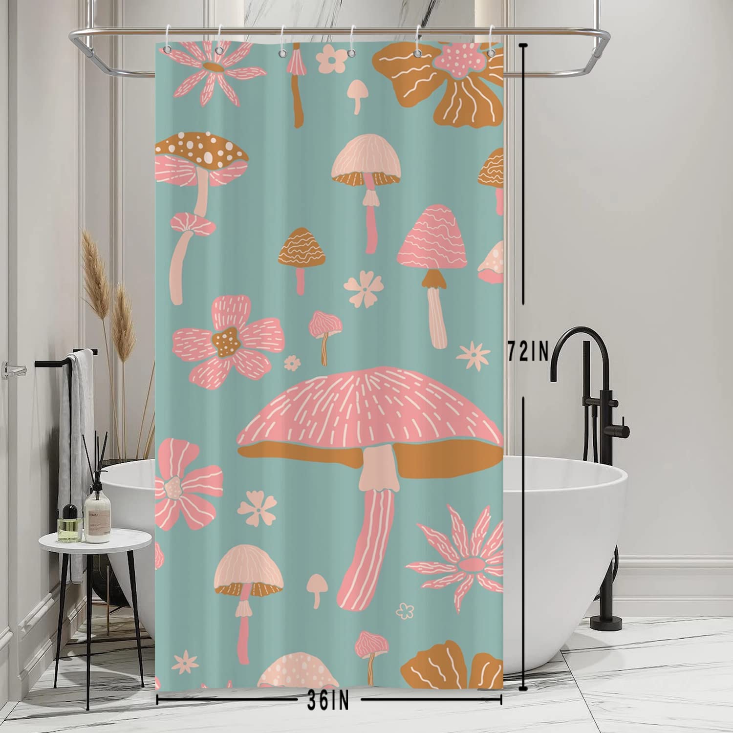 Bovlleetd Turquoise Fabric Shower Curtain Small Stall Bohemian Flowers Cute Mushroom Shower Curtain for Bathroom Water Repellent 36Wx72H Teal Bathroom Curtain Set with 12 Hooks 6 Holes