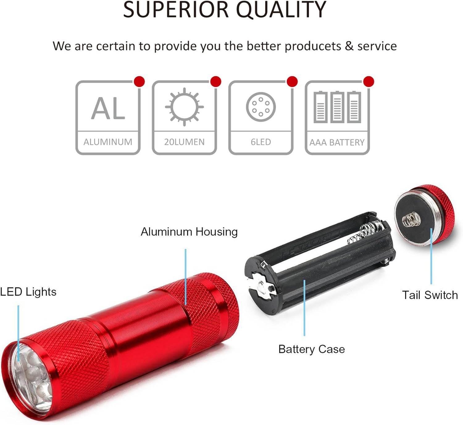 FASTPRO 20-pack Aluminum 6-LED Flashlights Set with Lanyard and 60-piece AAA Batteries Included and Pre-installed - - 