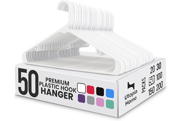 Utopia Home Plastic Hangers with Hooks 50 Pack – White Hangers | Space saving | Durable & strong | Closet organizer | Clothes