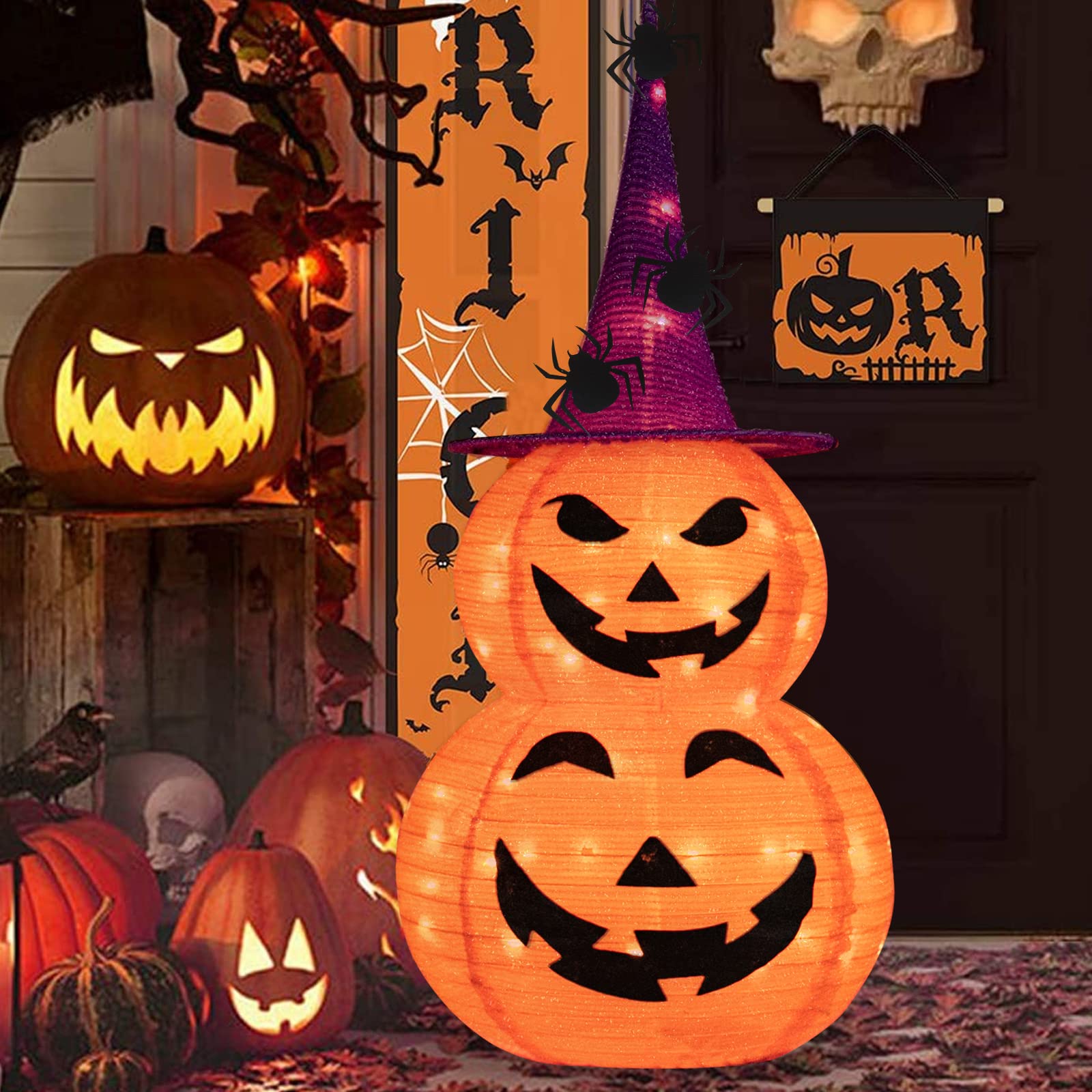Photo 1 of Collapsible Light up Pumpkin Halloween Decorations Outdoor, 3FT Plastic Pre-lit Stackable Jack o Lantern Pumpkin with 8 Lighted Mode & Timer for Home Indoor Outdoor Yard Porch Party Decor