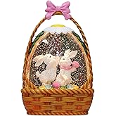 Easter Bunny Snow Globe for Easter Decorations, Easter Basket Eggs Design with Lighting Functions,USB or Battery Operated.