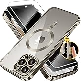 Magnetic for iPhone 16 Pro Case with Camera Control Button,Compatible with MagSafe,[Full Camera Protection][Privacy Screen Protector]Plating Clear Phone Cover for iPhone 16 Pro(Titanium Gray/Clear)