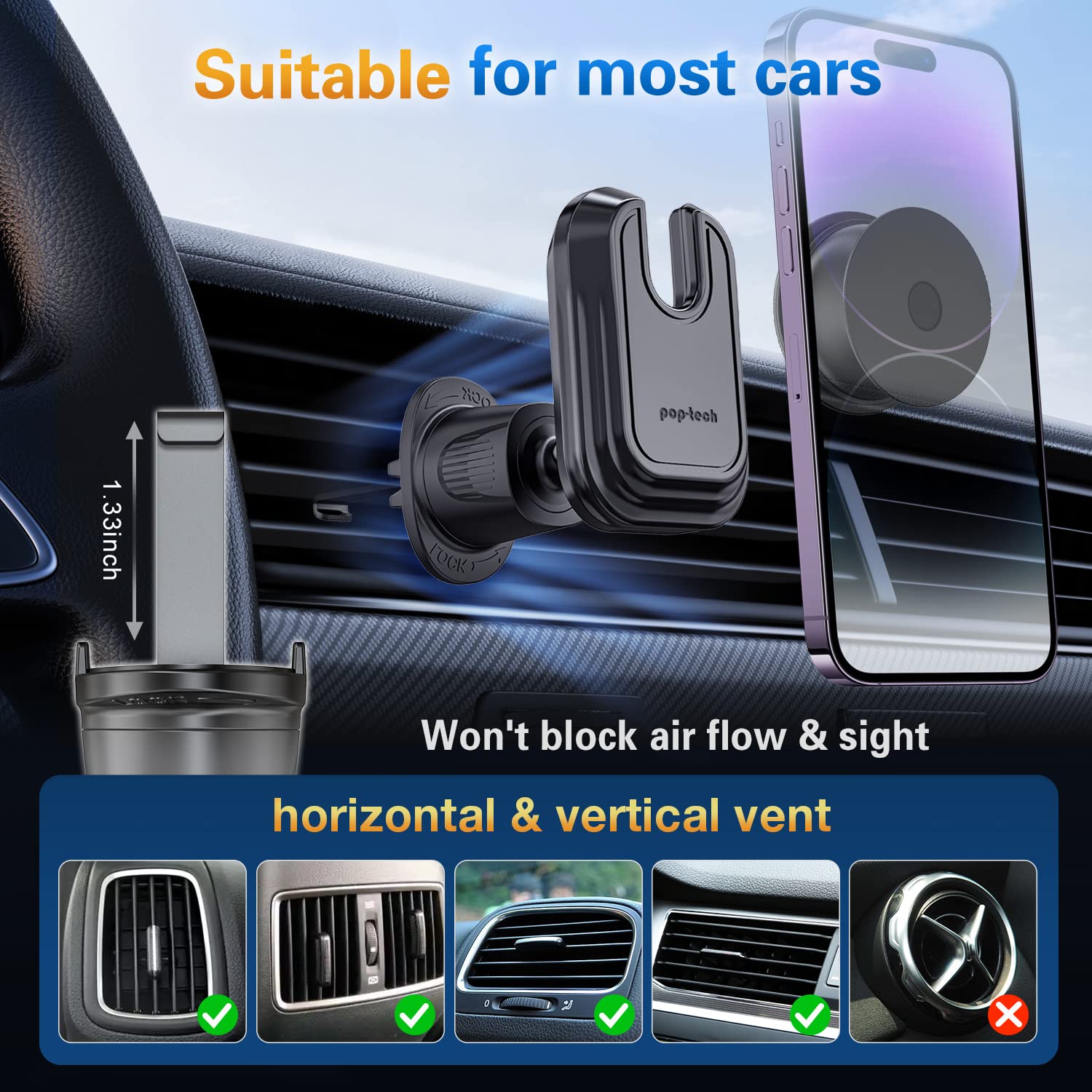 pop-tech Car Vent Phone Mount for Thick Socket Grip, Air Vent Clip Phone Holder Compatible with Magsafe Wallet Black & iPhone Samsung Card Holder, Cellphone Stand with Sticky Adhesive
