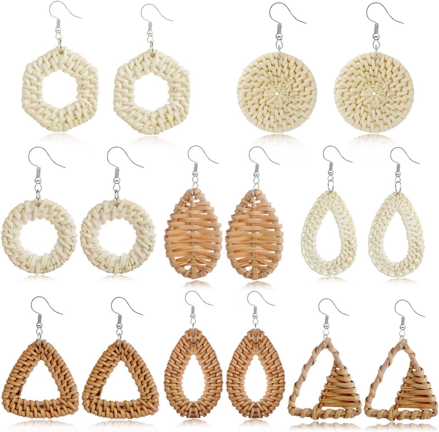 TAMHOO Statement Big Wicker Rattan Earrings Handmade Straw Hoops Lightweight Woven Earring Bohemia Weave Raffia Braid Drop Dangle Earrings Set Vacation Gift for Women Teens Girls