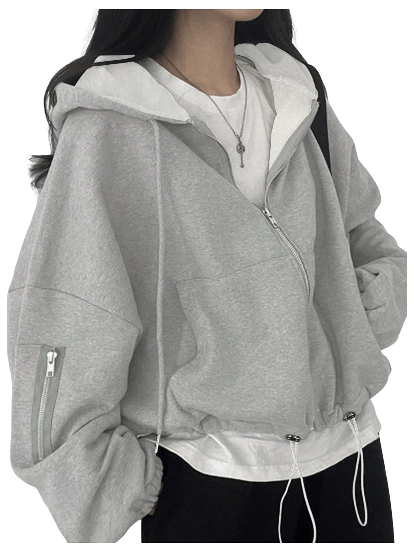 Photo 1 of RoseSeek Women's Zip Up Drawstring Hoodie Long Sleeve Drop Shoulder Loose Sweatshirt Outerwear Light Grey Medium