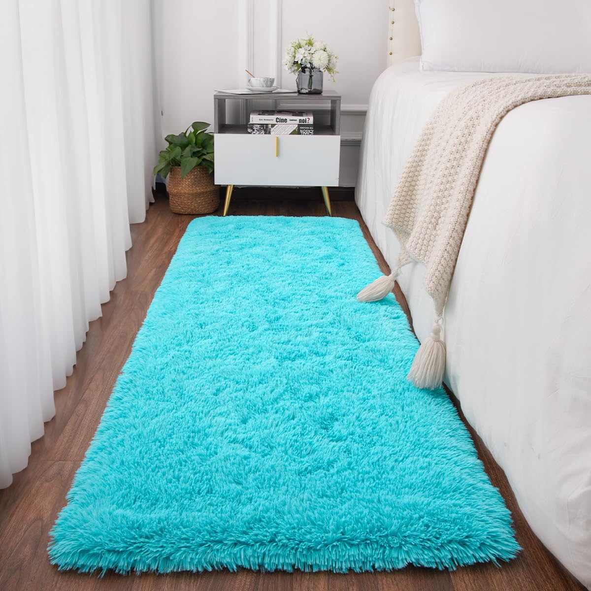 Photo 1 of ST. BRIDGE Teal Runner Rug for Bedroom 2x4 Feet, Fluffy Shag Area Rugs for Living Room Nursery, Fuzzy Furry Bedside Rug for Boys Kids Baby Room, Modern Indoor Comfy Plush Carpet Decor