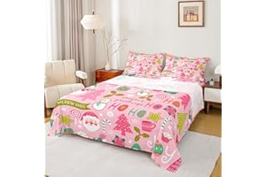 Erosebridal Pink Christmas Bed Sheets, Cartoon Santa Claus Sheet Set Full for Kids Boys Girls Women Bedroom, Snowman Pine Fitted Sheet + Christmas Tree Cute Deer Top Sheet + 2 Xmas Decor Pillow Cases