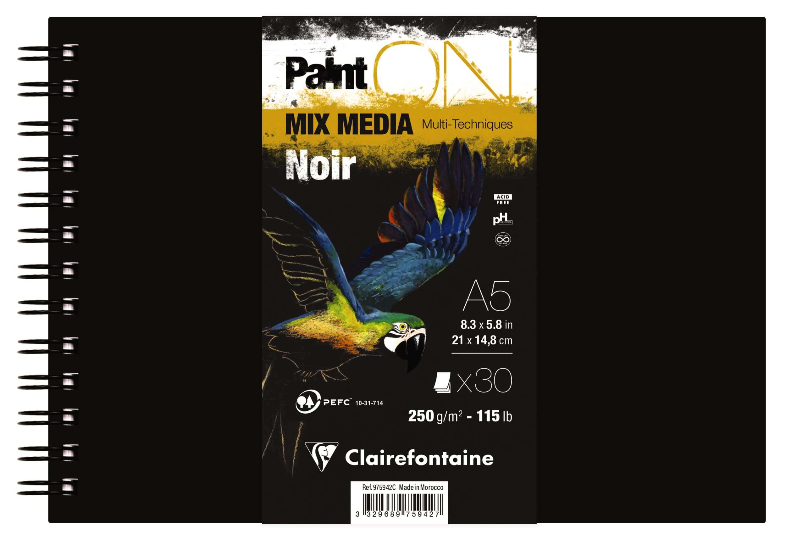 Clairefontaine 975942C - PaintON Multi-Technique Spiral-Bound Notebook 30 Sheets Multi-Technique Drawing Paper Slightly Rough Grain - Black - A5 14.8x21cm 250g
