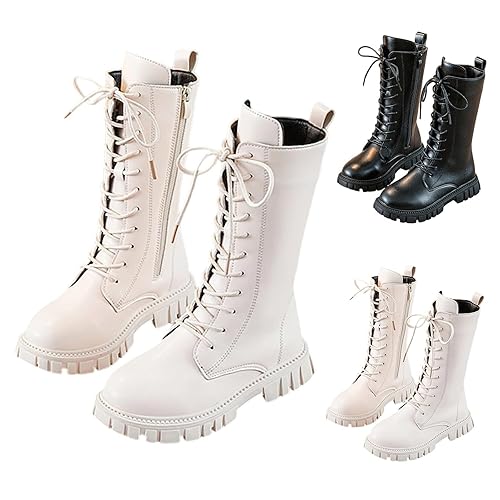 Girls Lace Up Riding Boots Mid Calf Combat Boots PU Leather Waterproof Fall Winter Side Zipper Punk Goth Boot Fashion Punk Non Slip Cowgirl Fleece Lined Solid Color 4-11 Years C-White 9
