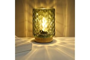 LUSHARBOR Battery Operated Lamp Cozy Bedside Ambience, Small Vintage Cordless Table Lamp for Shelf Office Desk, Glass Decorative Accent Lamp for Living Room/Entryway/Dorm Wave Design-Green
