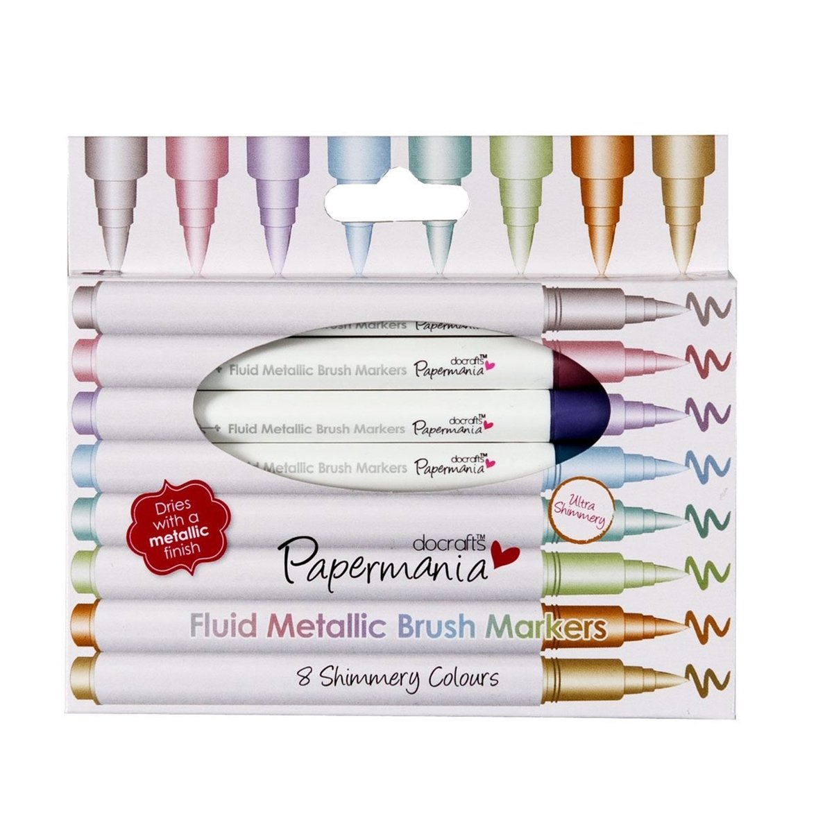Papermania Metallic Pens, Brush Tip, Metallics, Pack of 8, Ideal Colouring Pens for your Art Supplies, Perfect for Colouring Book and Sketch Book, Brush Pens Art Markers