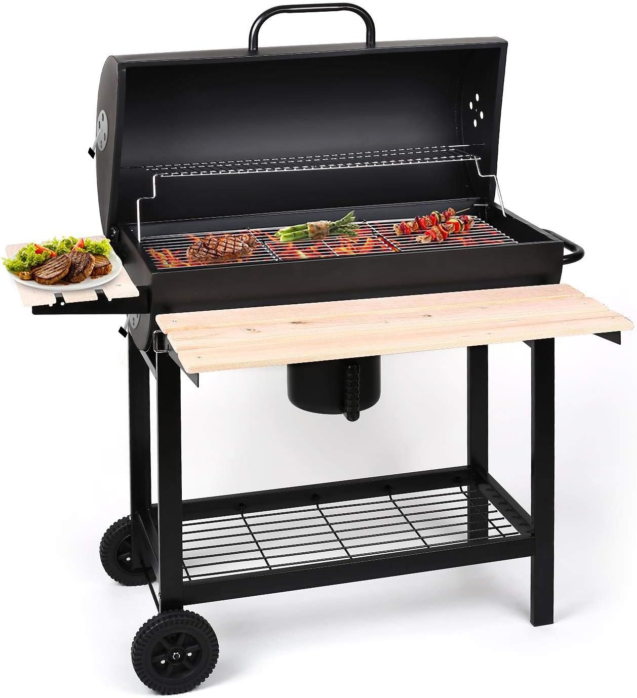 Homeystyle Outdoor Black Steel Barrel BBQ Large Barbecue Grill Charcoal Grill Smoker Barbecue Grill Folding Portable for Picnic, Camping, Garden Summer Party Patio Wheels