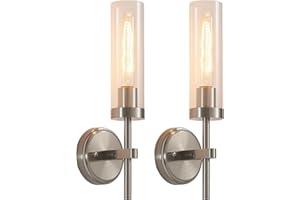 Brushed Nickel Hardwired Wall Sconces Set of 2, Modern Bathroom Sconces Vanity Light Fixture with Clear Glass, Farmhouse Wall