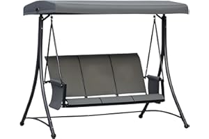 Outsunny 3 Person Porch Swing Outdoor Swing Chair with High Back Design, Side Pouches and Adjustable Canopy, Dark Grey