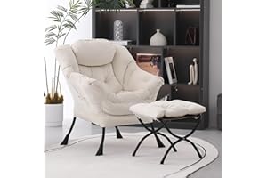 MBOOYOME Lazy Chair with Ottoman, Modern Soft Reading Chair Accent Contemporary Lounge Leisure Sofa Chair with Armrests and a Side Pocket for Living Room, Bedroom, Dorm & Office, Beige