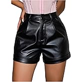 WDIRARA Women's Faux Leather Shorts High Waisted Straight Leg Y2k Shorts with Pockets