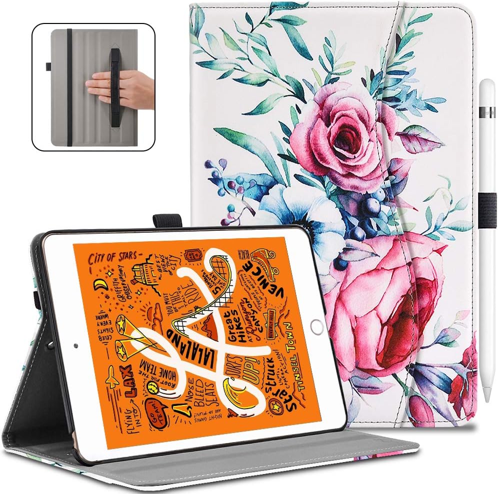 VORI Case for New iPad Mini 5/iPad Mini 4, Leather Folio Stand Smart Cover with Auto Wake/Sleep and Hand Strap for iPad Mini 5th Gen 2019 Released/iPad Mini 4th Gen 2015 7.9 inch, Peony
