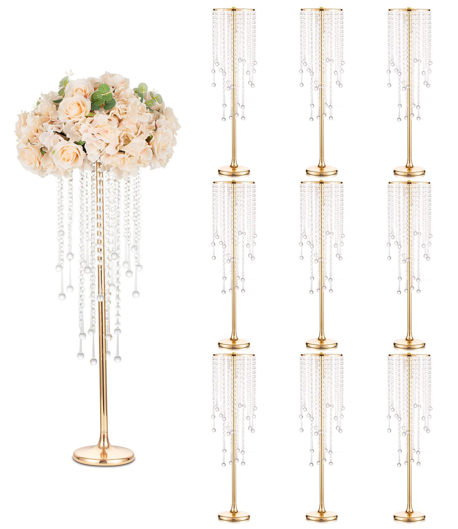 Photo 1 of Sziqiqi Gold Tall Vases for Wedding Centerpiece - 29.5in Metal Flower Crystal Centerpieces Stand with Crystal Beads for Event Party Reception Center Piece Floral Arrangements