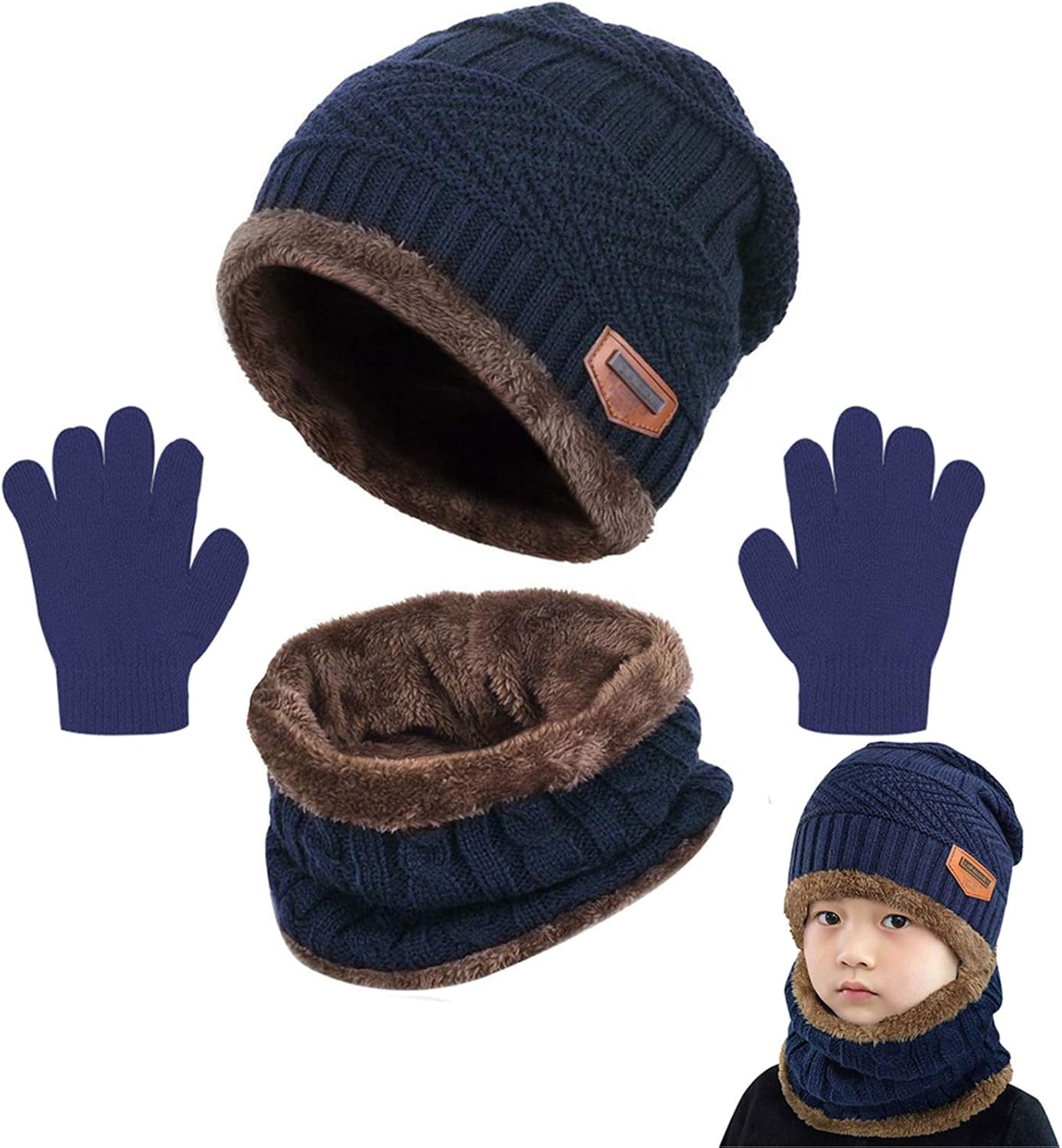 Ensemble Hiver Enfant Bonnet + Écharpe + Gants – Doublure Polaire, Taille 2-7 Ans – Matière Chaude Et Douce Avec Pompon