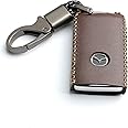 WFMJ Leather for Mazda 3 Hatchback CX-5 CX-30 CX-9 Remote Smart 4 Buttons Key Case Holder Cover Fob Chain (Brown)