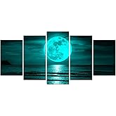 Kalormore 5 Pieces Black and White Full Moon Picture Teal Beach Landscape Peaceful Artwork for Home Bedroom Decor Gallery Wrapped Ready to Hang