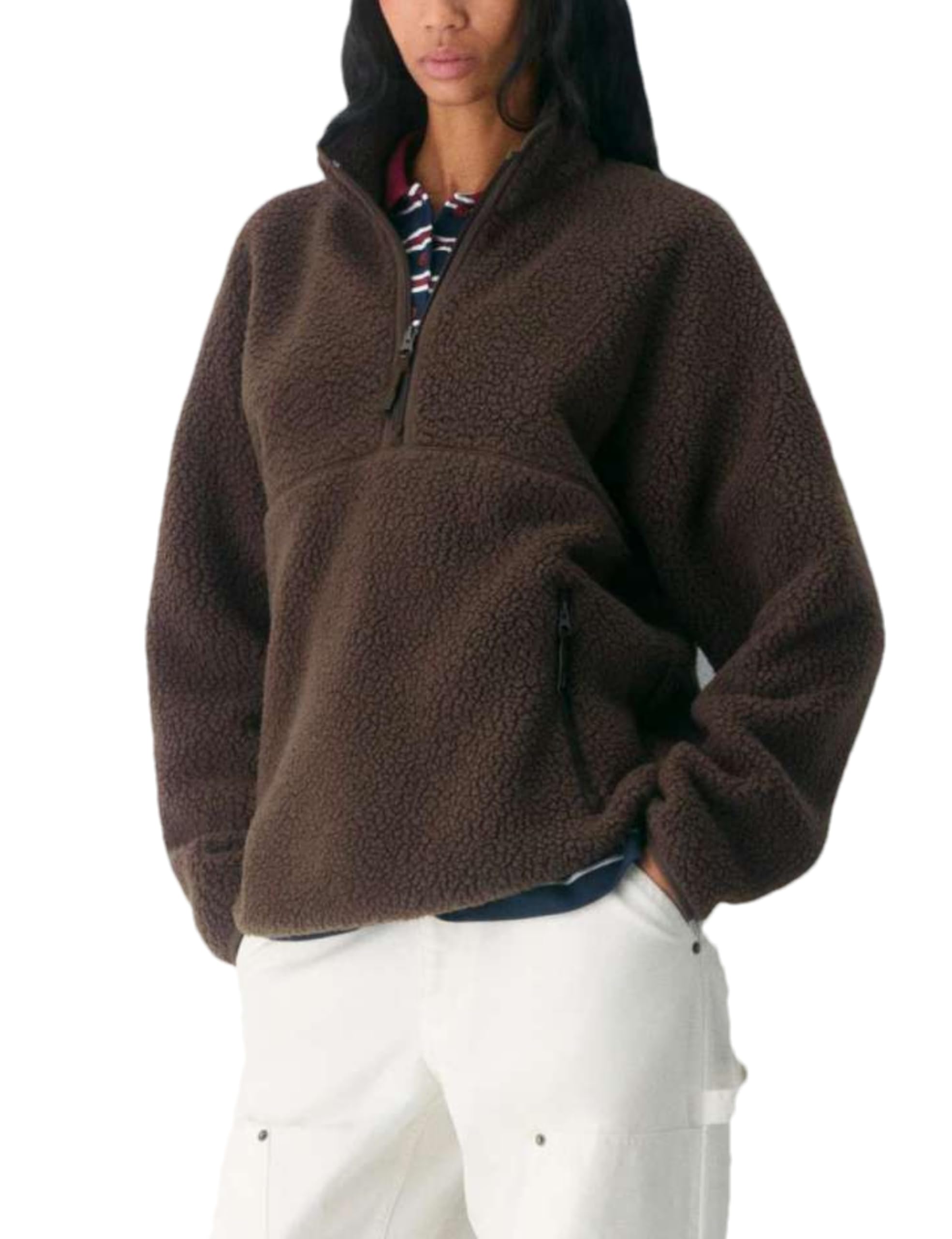 Photo 1 of Aimiray Fleece Pullover Women Long Sleeve Half Zip Sherpa Jacket Warm Trendy Teddy Fall Sweatshirts with Side Pockets(Brown-S)