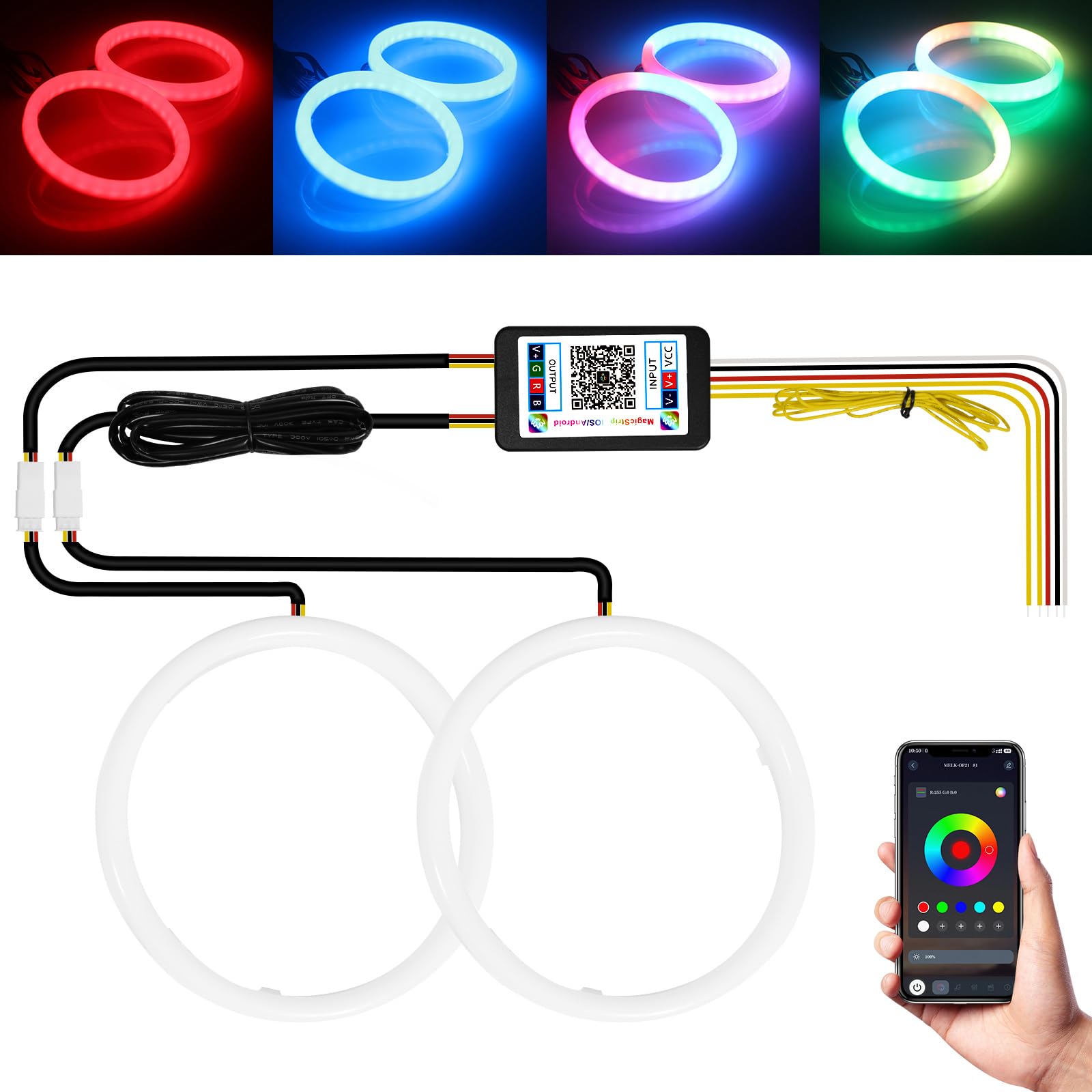 Photo 1 of Qasim Angel Eyes Halo Rings Cotton Lights 12V 80MM RGB LED Universal for Car Scooter Motorcycle DRL with Turn Signal Function APP Bluetooth Control Multi-Color 2-Pack